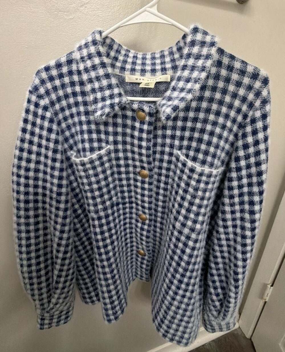 Max Studio Womens M Blue White Gingham Fuzzy Double Knit Jacket Gold Buttons